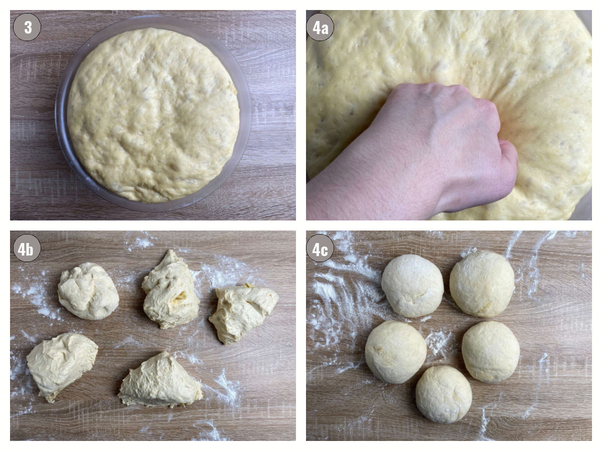 Four photographs, two by two, of dough for rolls being made.