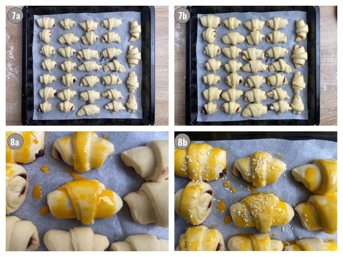 Four photographs, two by two, of rolls prepped for baking.