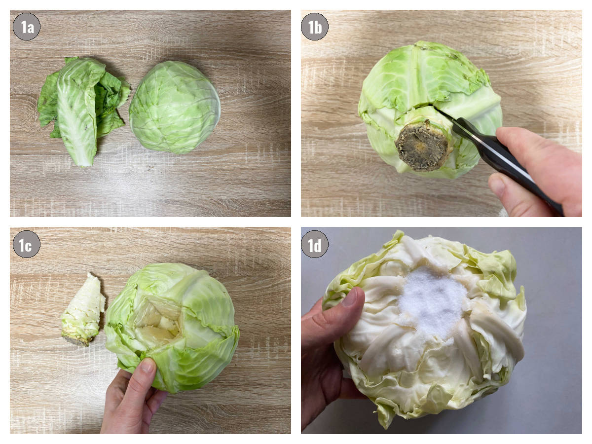 Four photographs, two by two, of cabbage: cabbage with leaves removed, cabbage with knife inside, cabbage with core removed, and cabbage with salt inside. 