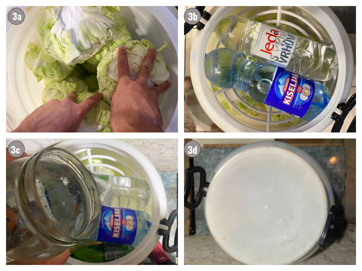 Four photographs, two by two, first of cabbage heads being pushed, second of two water bottles on top of a barrel, three water poured in barrel, four lid closed on barrel. 