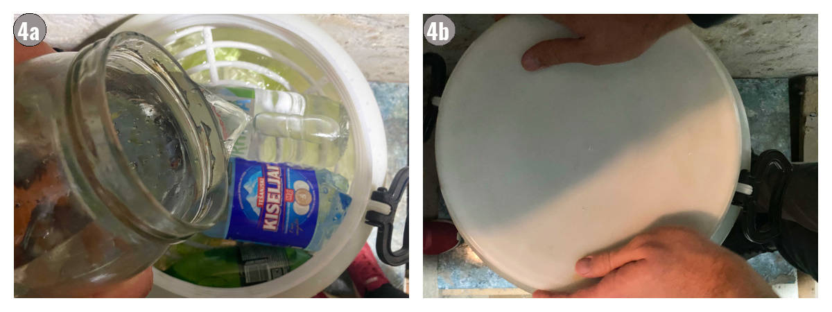 Two photos side by side of adding water into the barrel and closing it. 