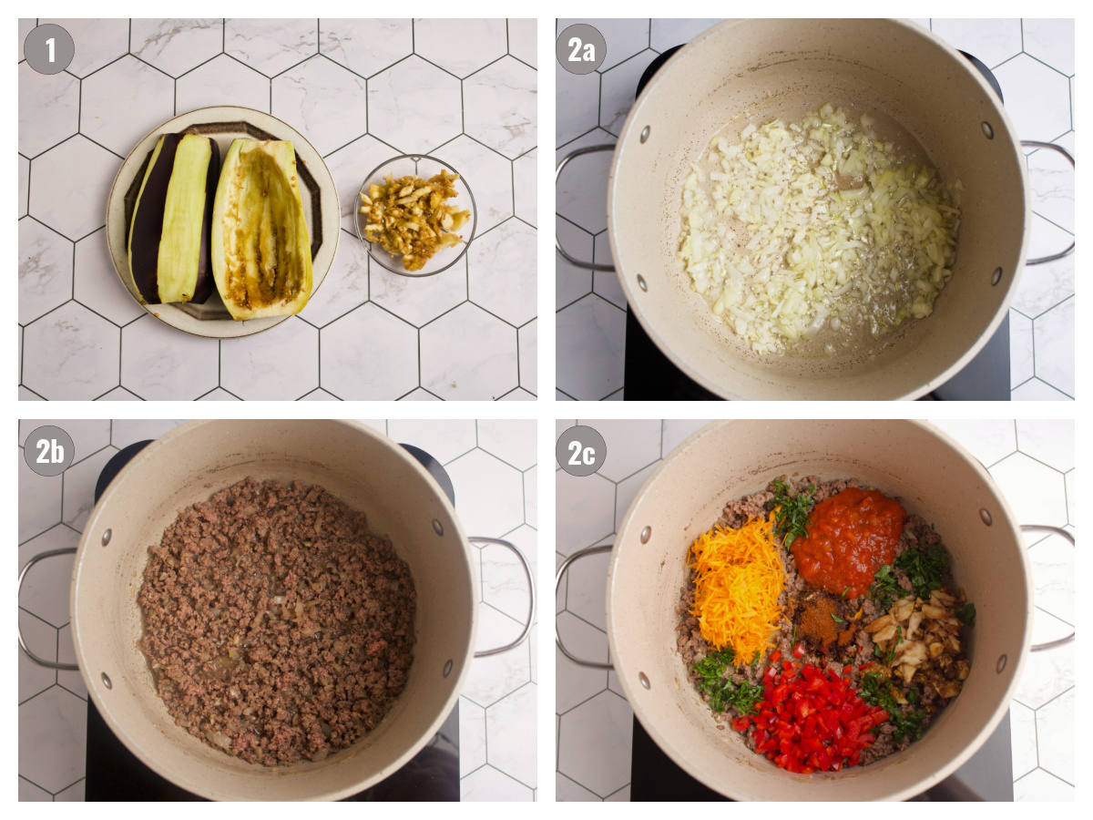 Four photos picturing steps to make stuffed eggplant. 