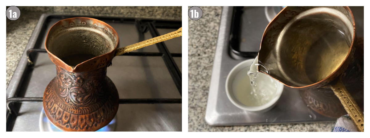 Two photos side by side one of coffee pot with water, and one of coffee pot with water pouring off some water into a small cup. 