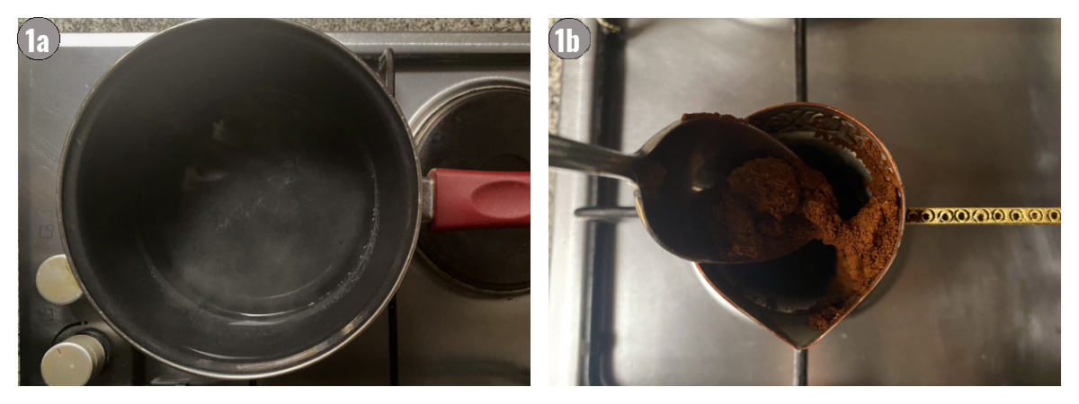 Two photos side by side, one of pot filled with water, the other with pot filled with coffee.