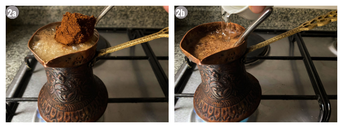 To photographs side by side of coffee pot being filled with coffee and water. 