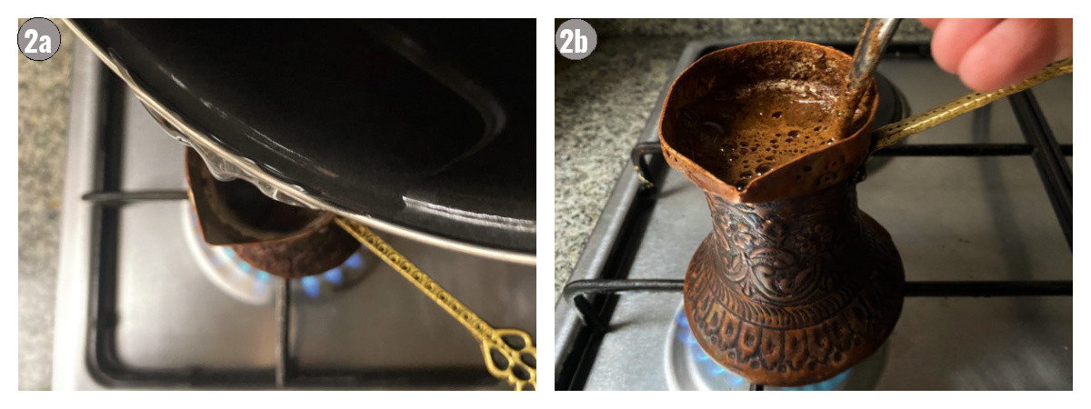 Two photos side by side, one of water being poured into a coffee pot, the other of coffee cooking.