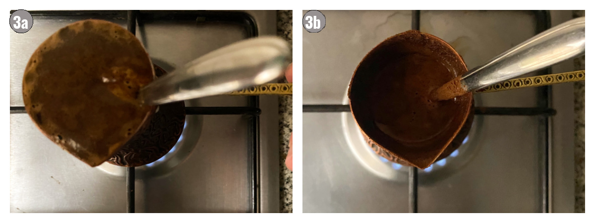Two photographs side by side of coffee being made in Bosnian coffee pot dzezva. 