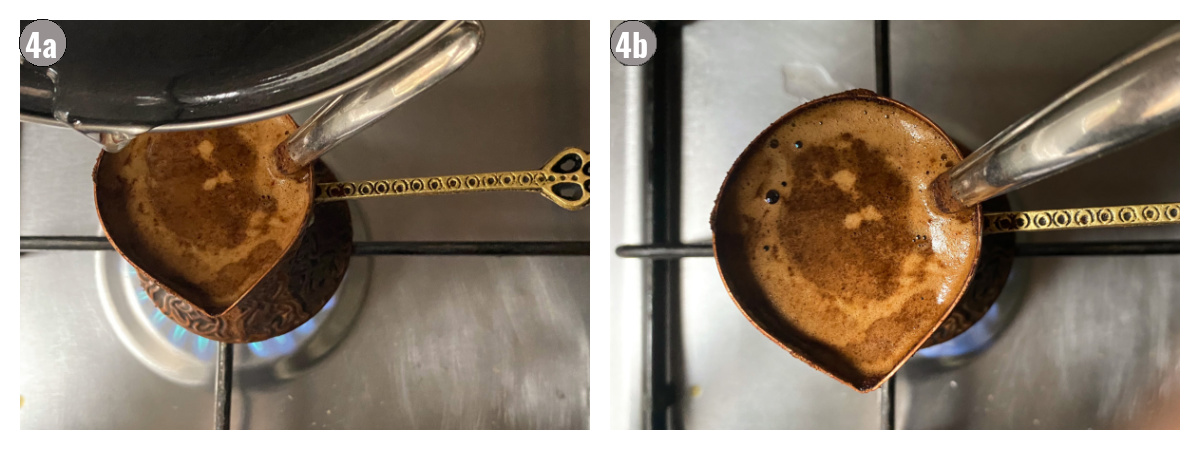 Two images side by side of water being poured into a coffee pot, and coffee pot cooking coffee  and foam.