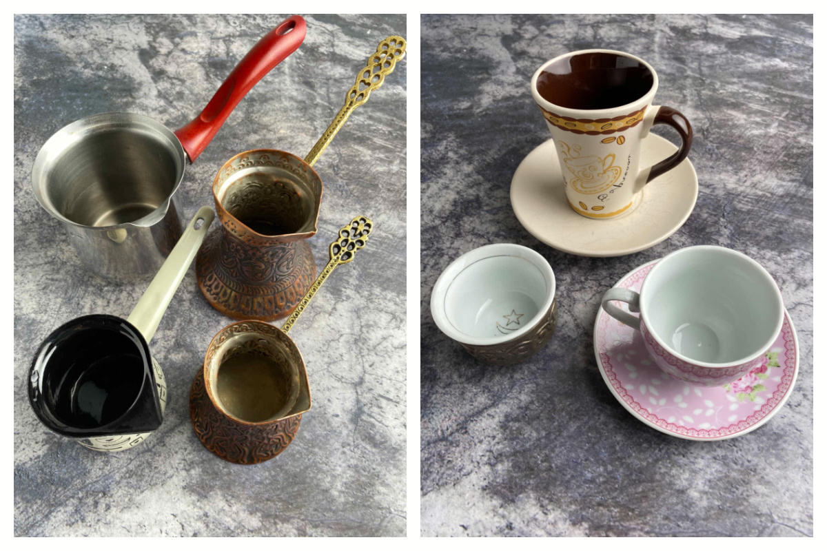 Two photos of equipment for Bosnian coffee: left, four Bosnian coffee pots on a gray background; right, three coffee cups on gray background.