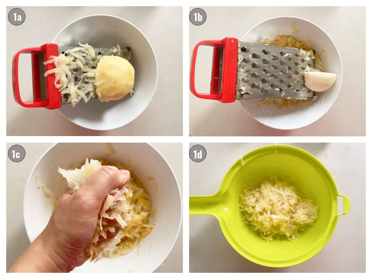 Four photos, two by two, of onion and potato being grated and then squeezed and placed in a green bowl. 