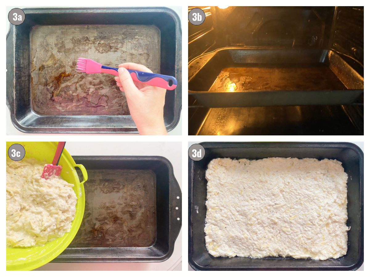 Four photographs, two by two, of a pan greased for oven and batter placed into it. 