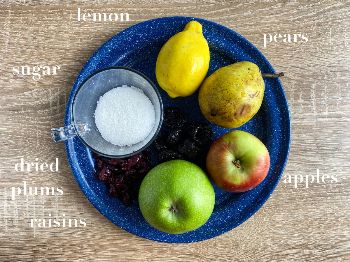 Ingredients on a blue plate, above-head shot. 