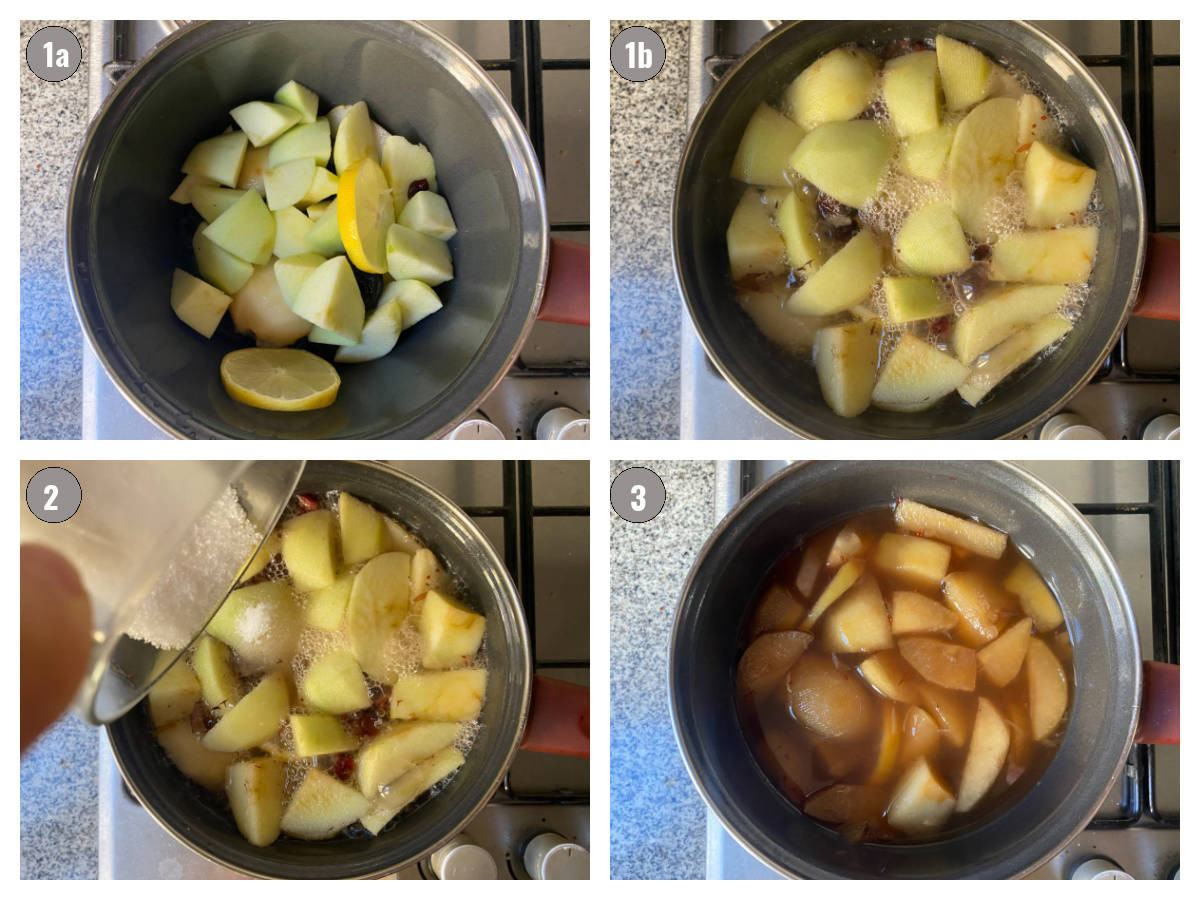 Four photographs in one collage, of a bowl with fruit, water and seasonings added.