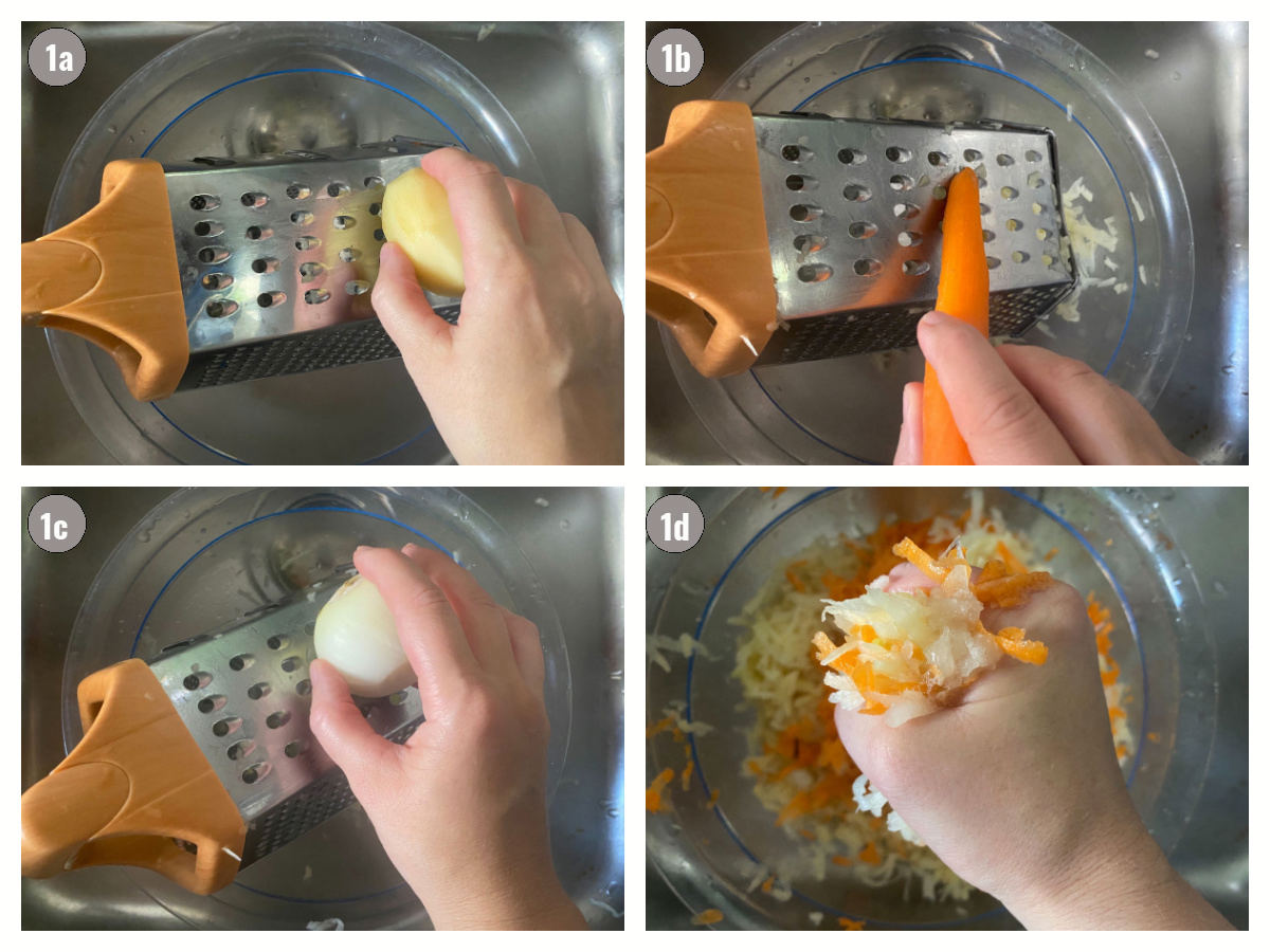 Four photographs, two by two, of a grater and onion, carrot, potato. Fourth photo depicts a hand squeezing starch out of the mixture.