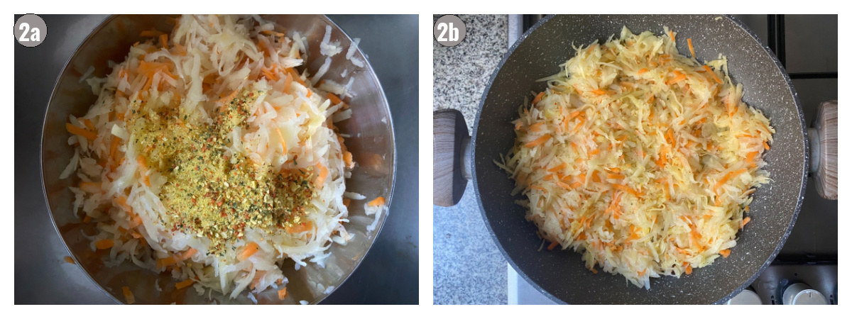 Two photographs side by side of hashbrown preparation mixture.