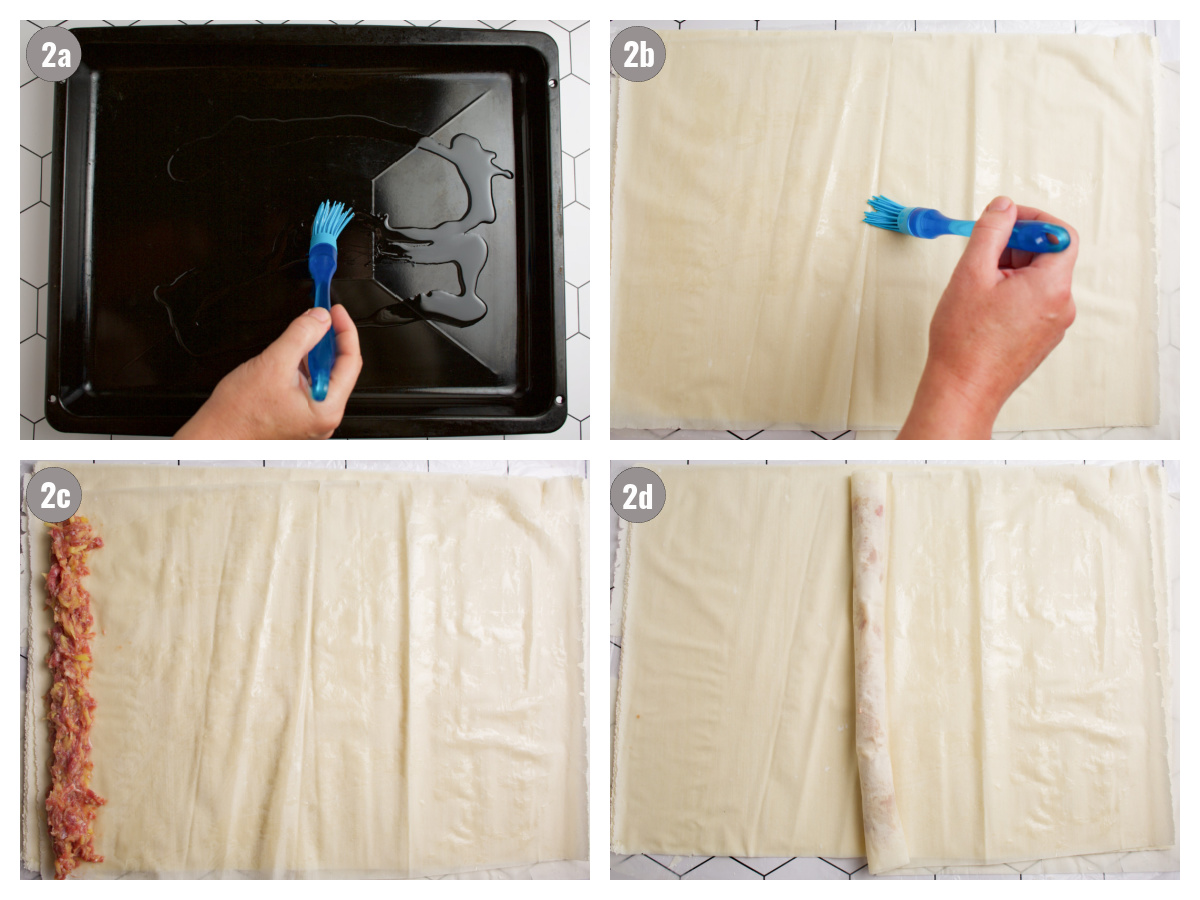 Four photos of phyllo dough. 
