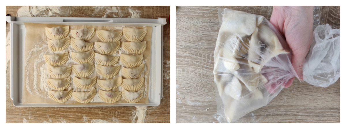 Dumplings on a flat tray, and dumplings in a bag, two photographs.