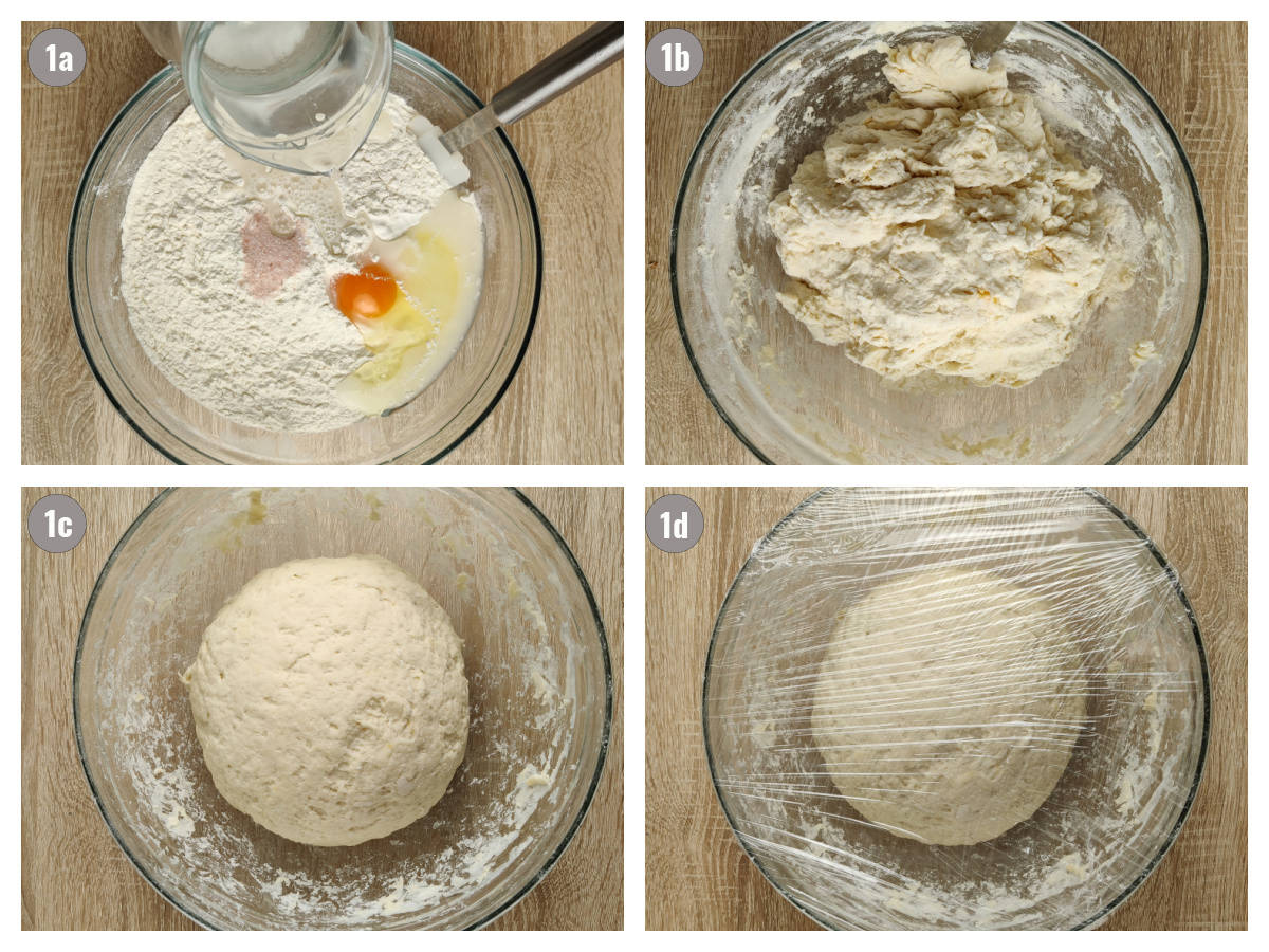 Four photos of dough being made.