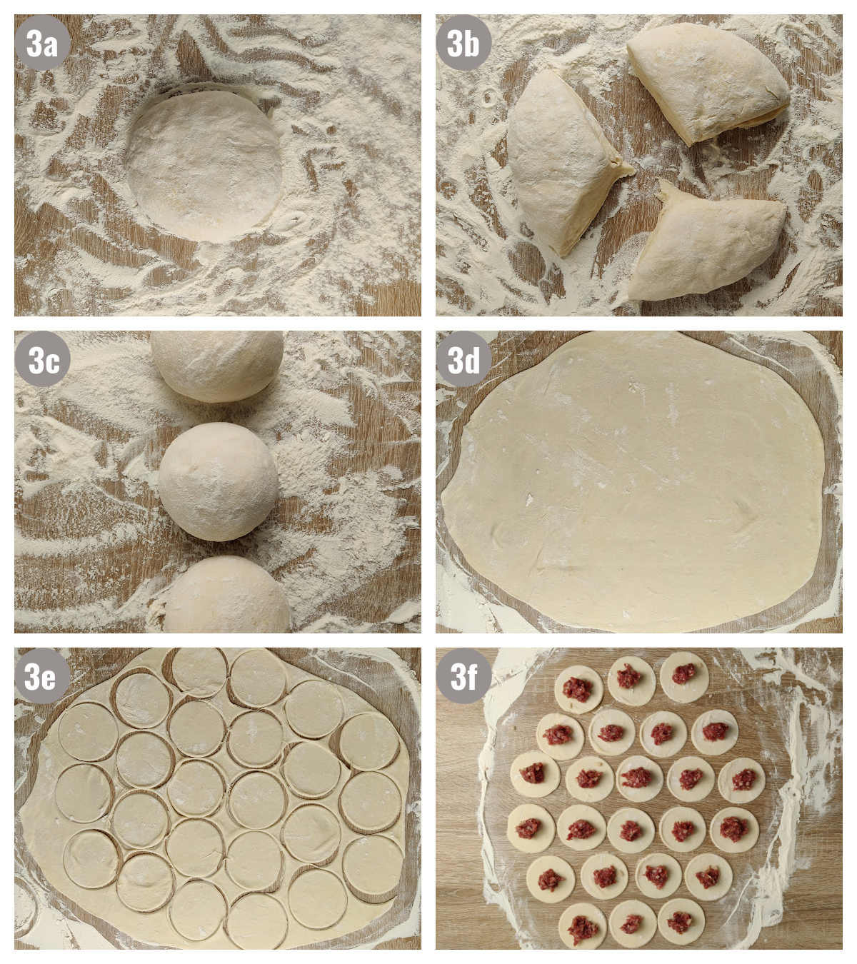 Six photos of beef dumplings process.