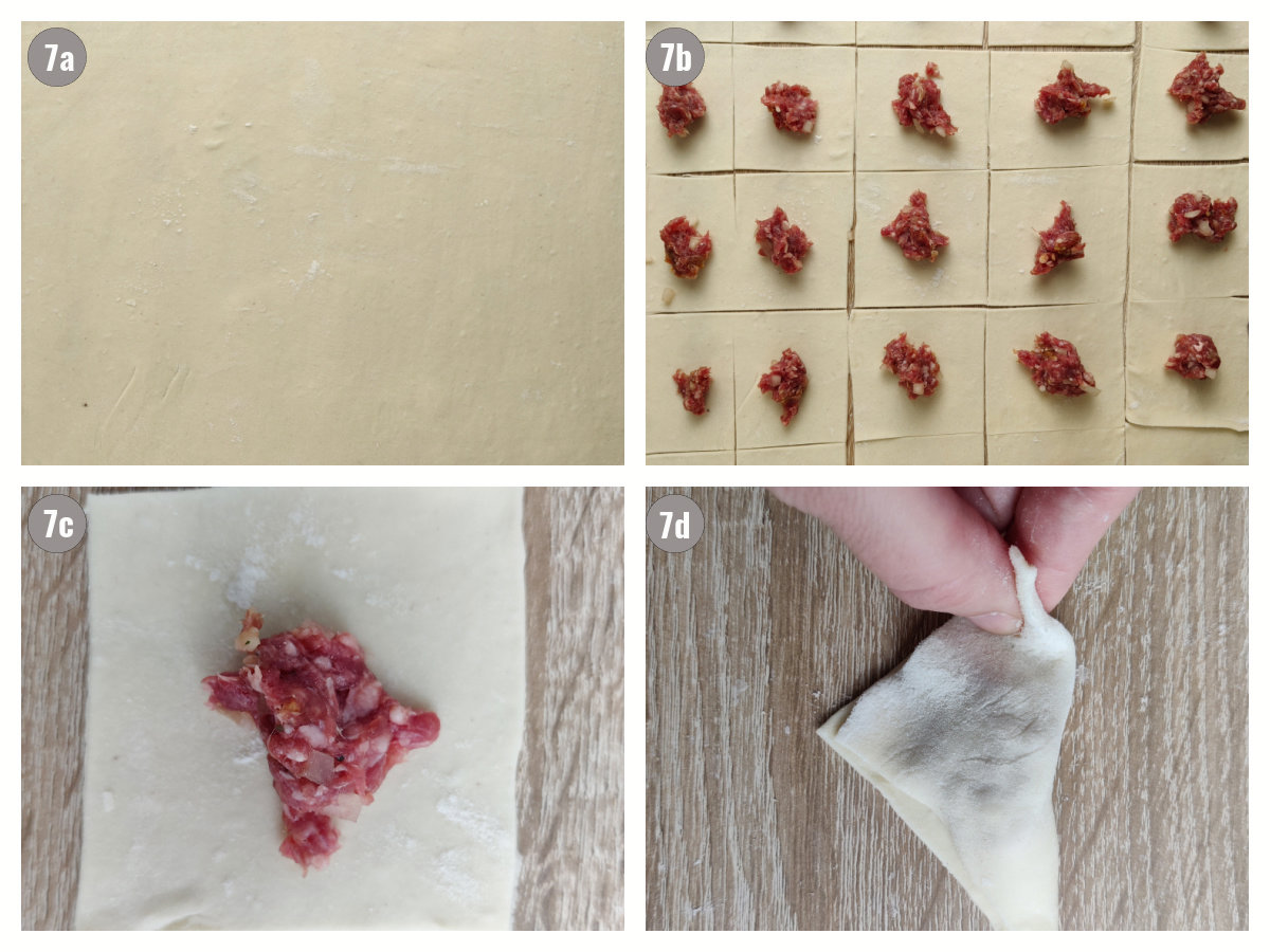 Four photos of dumpling shaping.