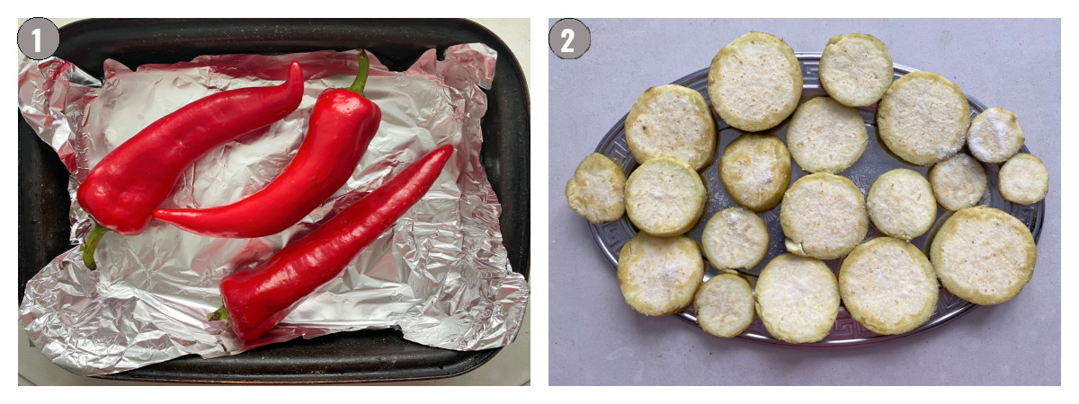 Two photos side by side, of red peppers in a pan and eggplant cut in rounds on a tray. 