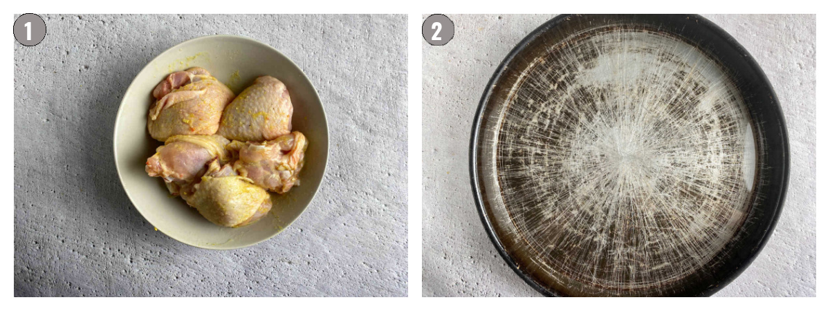 Two photos side by side: one of a bowl with chicken legs and the other of a black round pan, both on a gray background. 