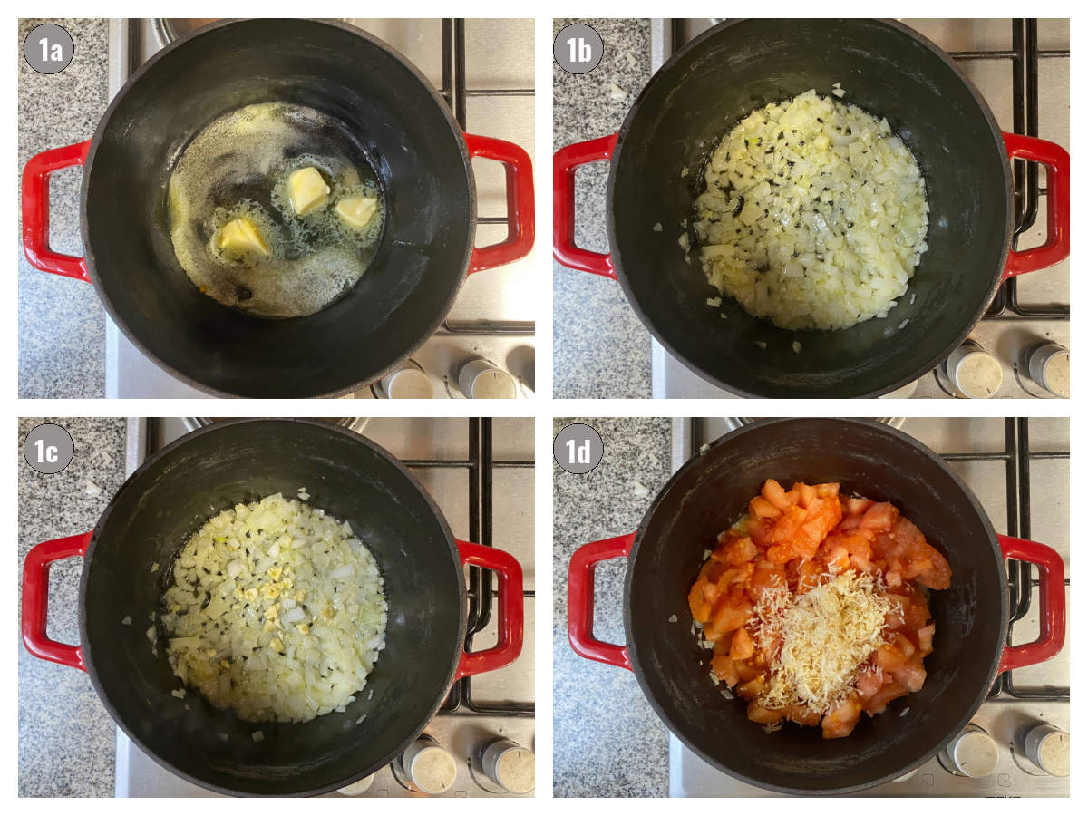 Four photographs, two by two, of a black pot with different ingredients (butter, celery, tomatoes), on a stovetop. 