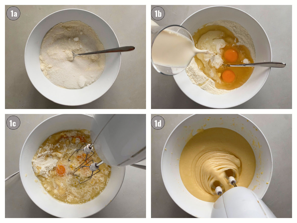 Four photos, two by two, of  the bowl being filled with different ingredients. 