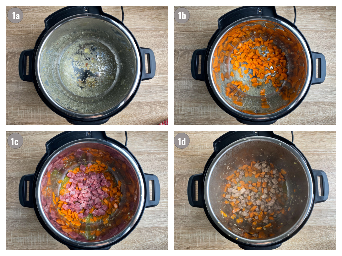 Four photographs of Instant Pot overhead with vegetables and meat inside (onion, garlic, meat and carrots).