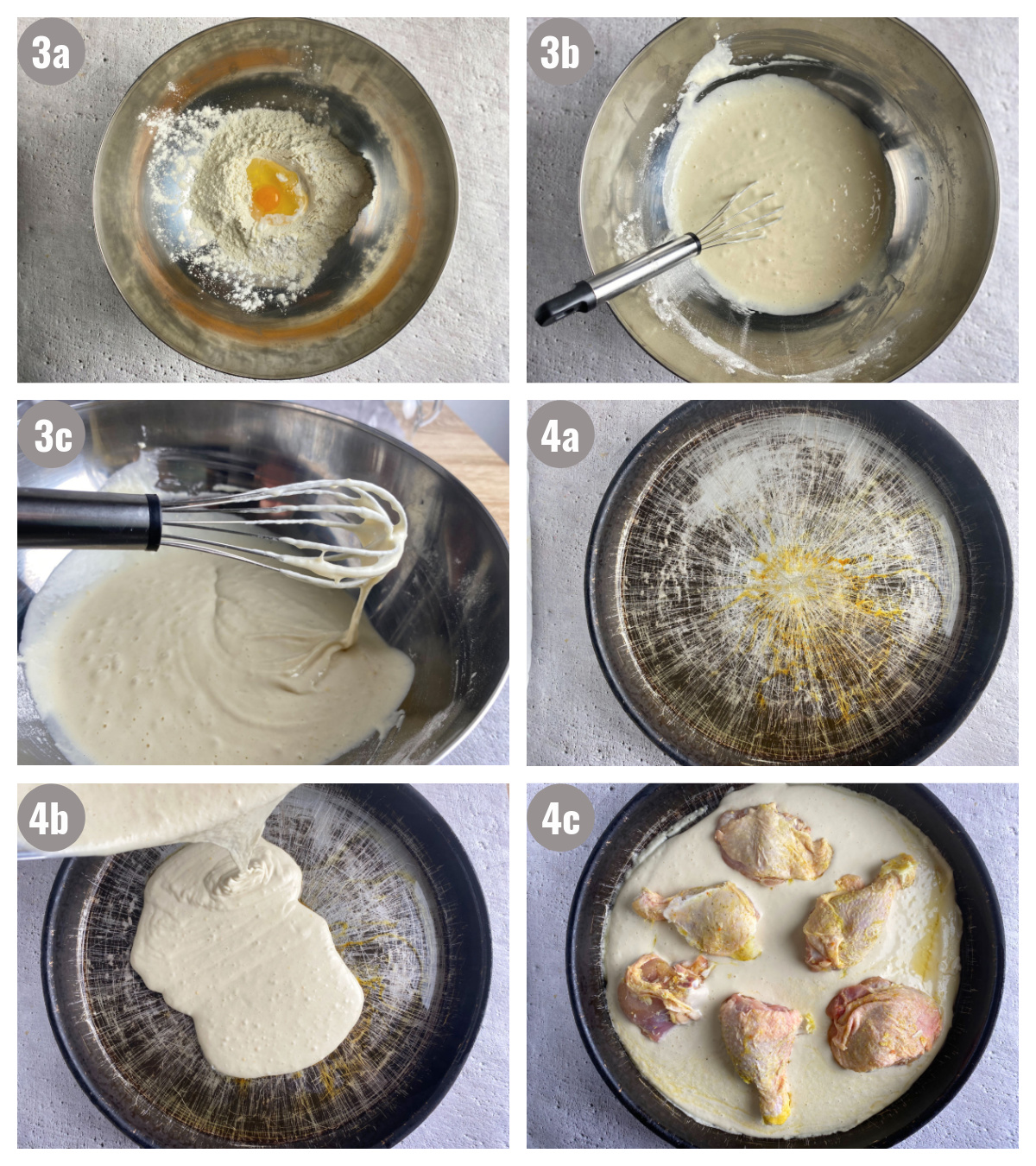 Six photos, two photos by three rows, all on a gray background; first three photographs depict a bowl with ingredients, and the last three black pans with ingredients. 