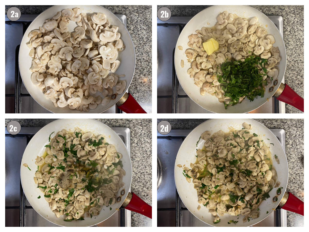 Four photographs, two by two, of mushrooms sweated in a pan with different ingredients (seasonings, butter, parsley) on stovetop. 