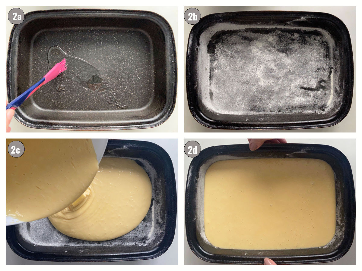 Four photos, two by two, of a black pan being oiled and then filled with a biscuit. 