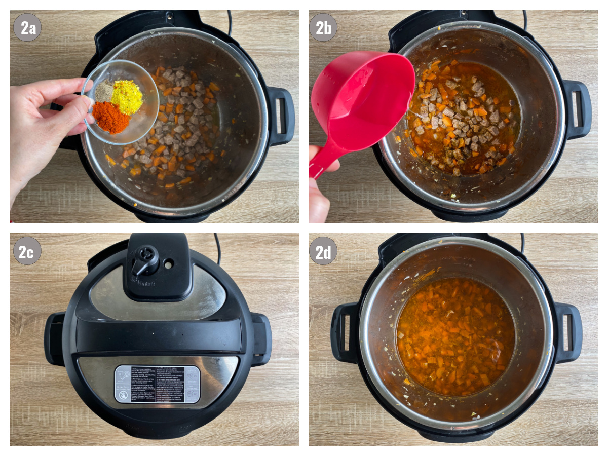 Four photographs of Instant Pot soup preparation: adding seasonings and water in, then closing the lid. 