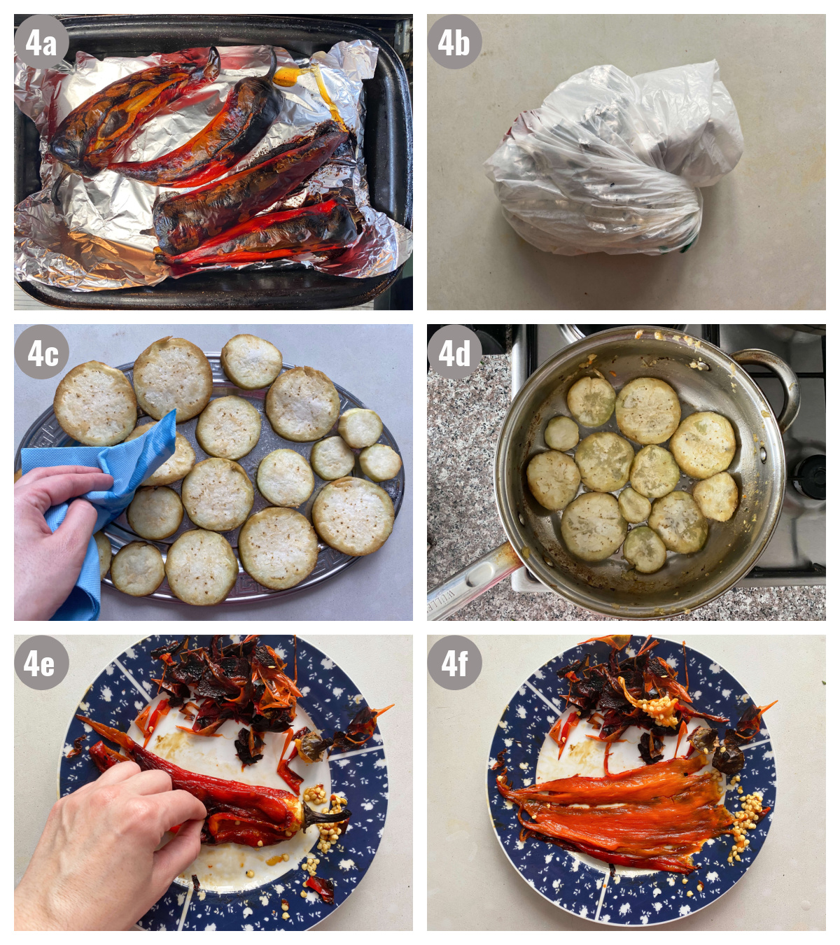 Six photos of casserole preparation, two in each row, of red pepper being peeled and eggplant dabbed with napkin to remove liquid. 