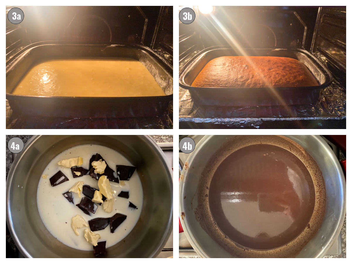Four photos, two of the pan in the oven, and two of the ingredients melted in a pot. 