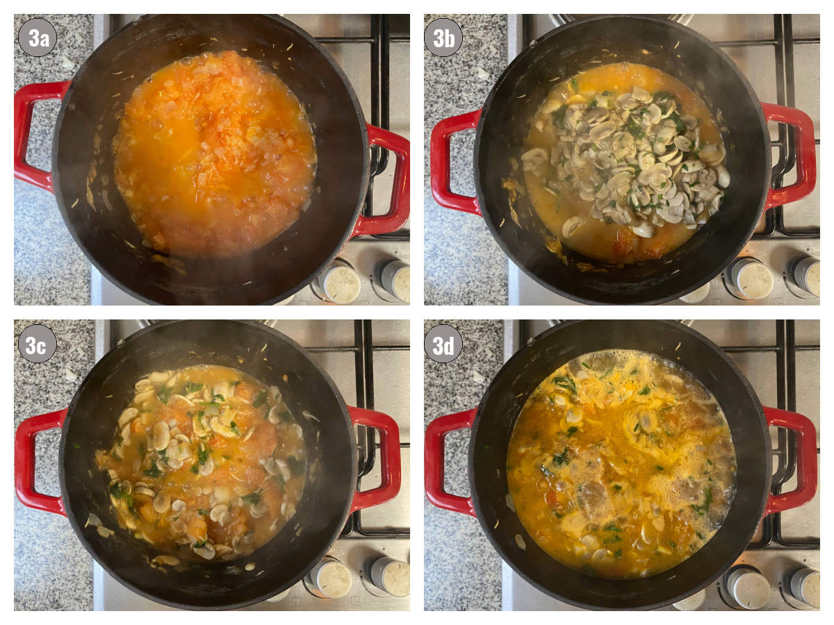 Four photographs, two by two, of a black pot with different ingredients (butter, celery, tomatoes, broth, mushsrooms), on a stovetop.