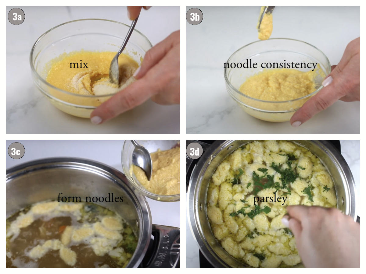 Four photographs, two by two: one ingredients in clear bowl, a spoon and a hand, second photo similar, third photo spoonful of ingredients are dropped into soup, fourth photo a hand is garnishing soup with parsley. 