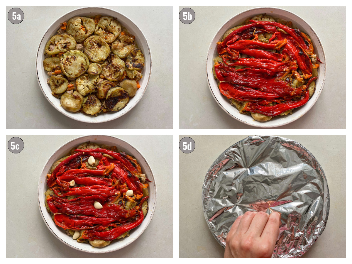 Four photographs of layering of a casserole in a white round pan and covered with foil. 