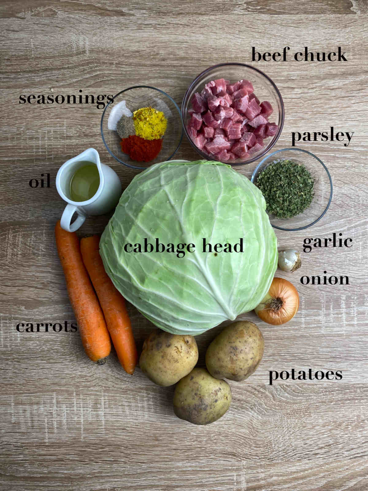 Ingredients for cabbage soup on a wooden table: cabbage, carrot, seasonings, oil, beef chuck, parsley, garlic, onion and potatoes. 