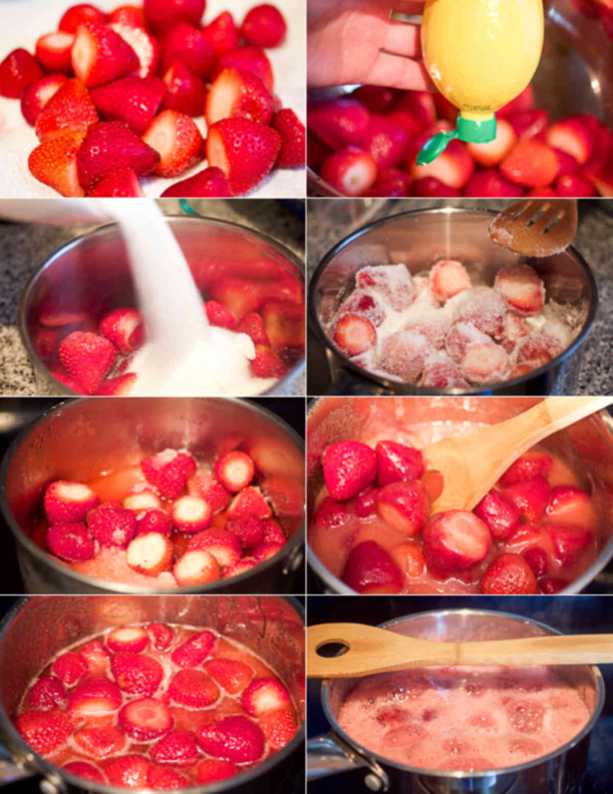 Eight photos, two by four, depicting strawberries in different stages, being ready to be made into simple syrup.