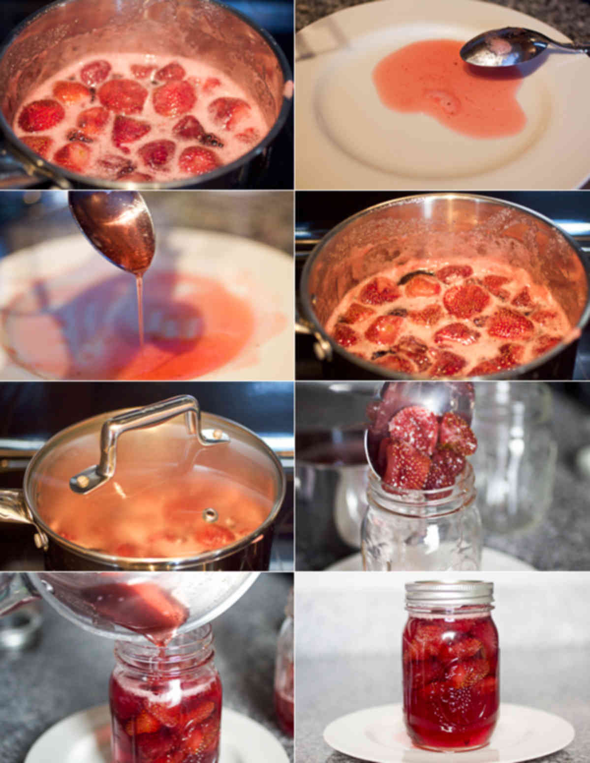 Eight photos, two by four, depicting strawberries in different stages, being ready to be made into simple syrup.