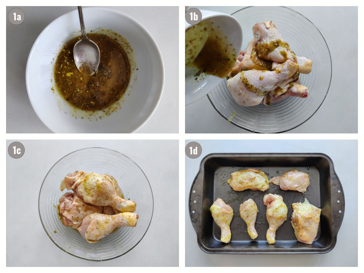 Four photographs of chicken preparation on gray background. 