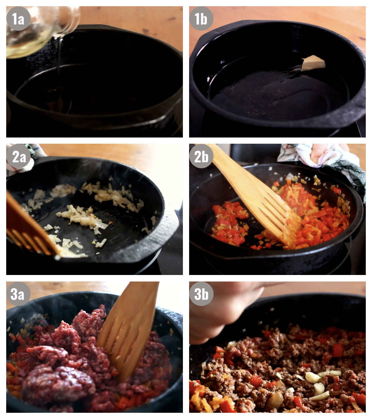 Six photos side by side of a black pan with different ingredients(oil, butter, onion, pepper, meat, garlic).
