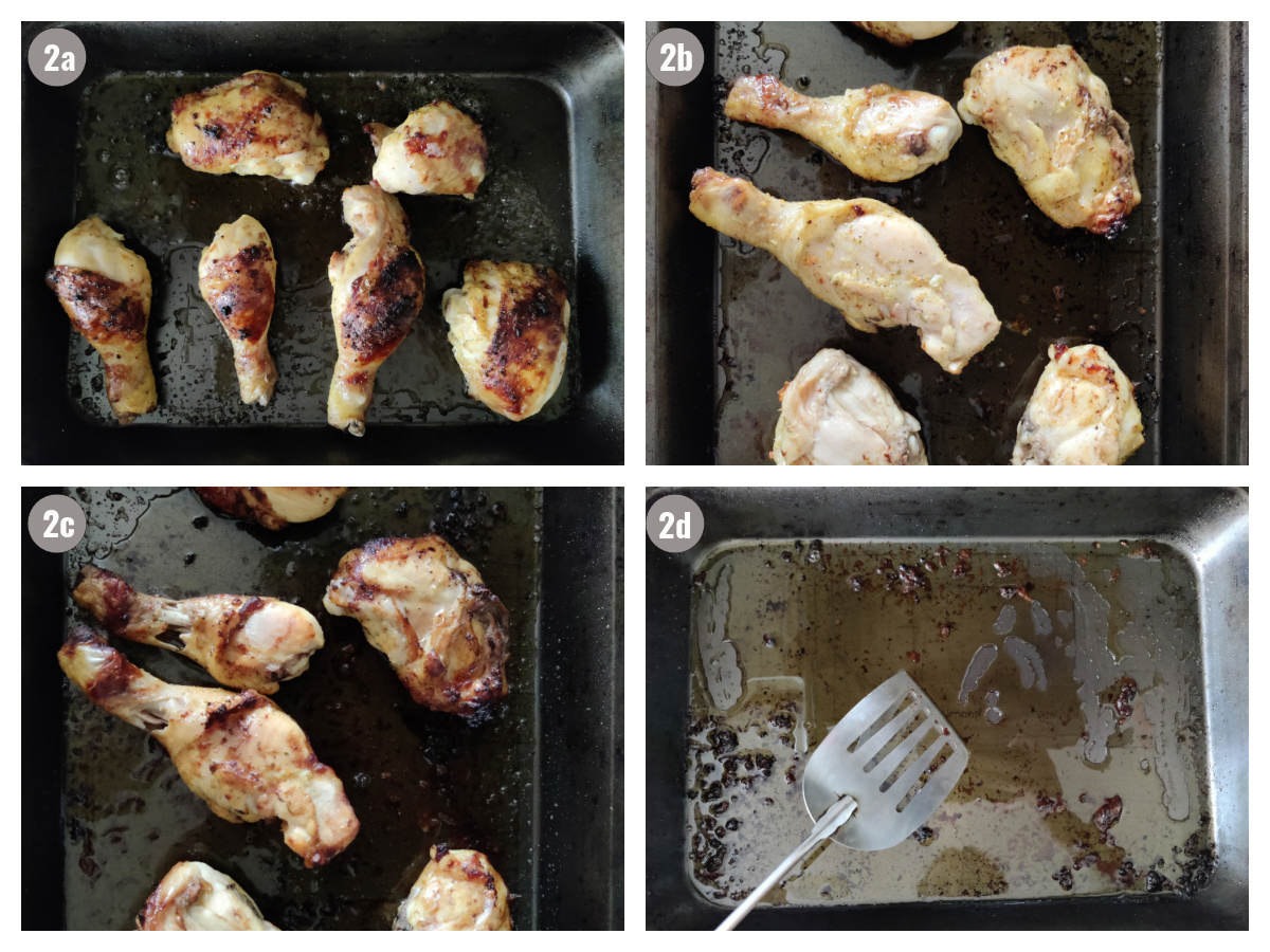 Four photographs of chicken casserole preparations in pan.