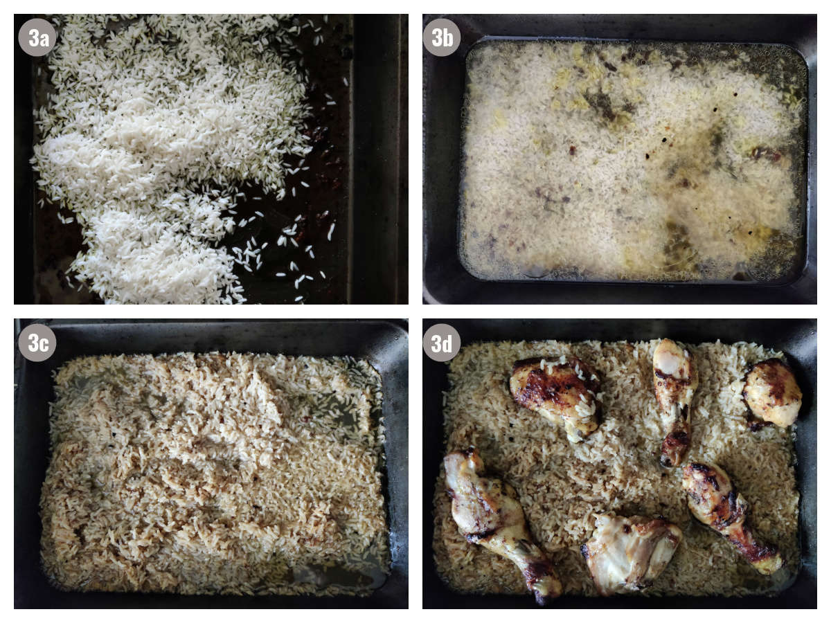 Four photographs of rice casserole. 