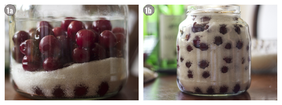 Two photographs side by side of a jar filled with sugar and cherries. 