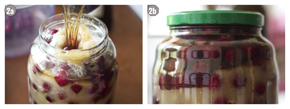 Side by side photographs of a jar filled with cherries, sugar and alcohol. 