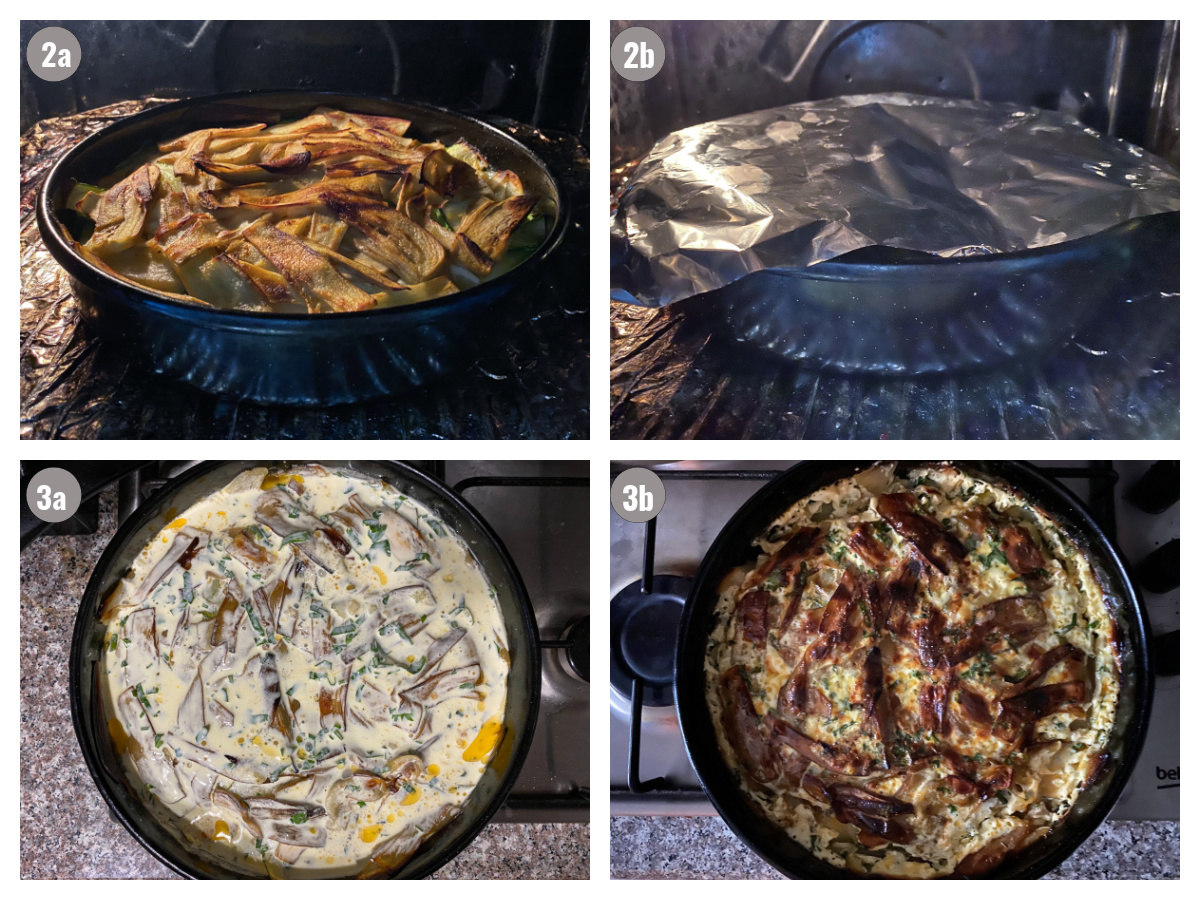 Four photographs of a pan with moussaka. 