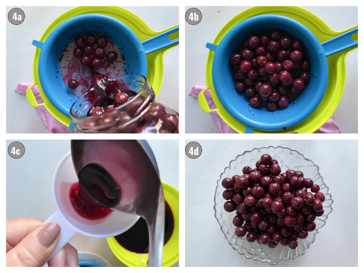 Four photographs (2by2) of cherry liqueur being strained with a strainer (blue) on gray background. 