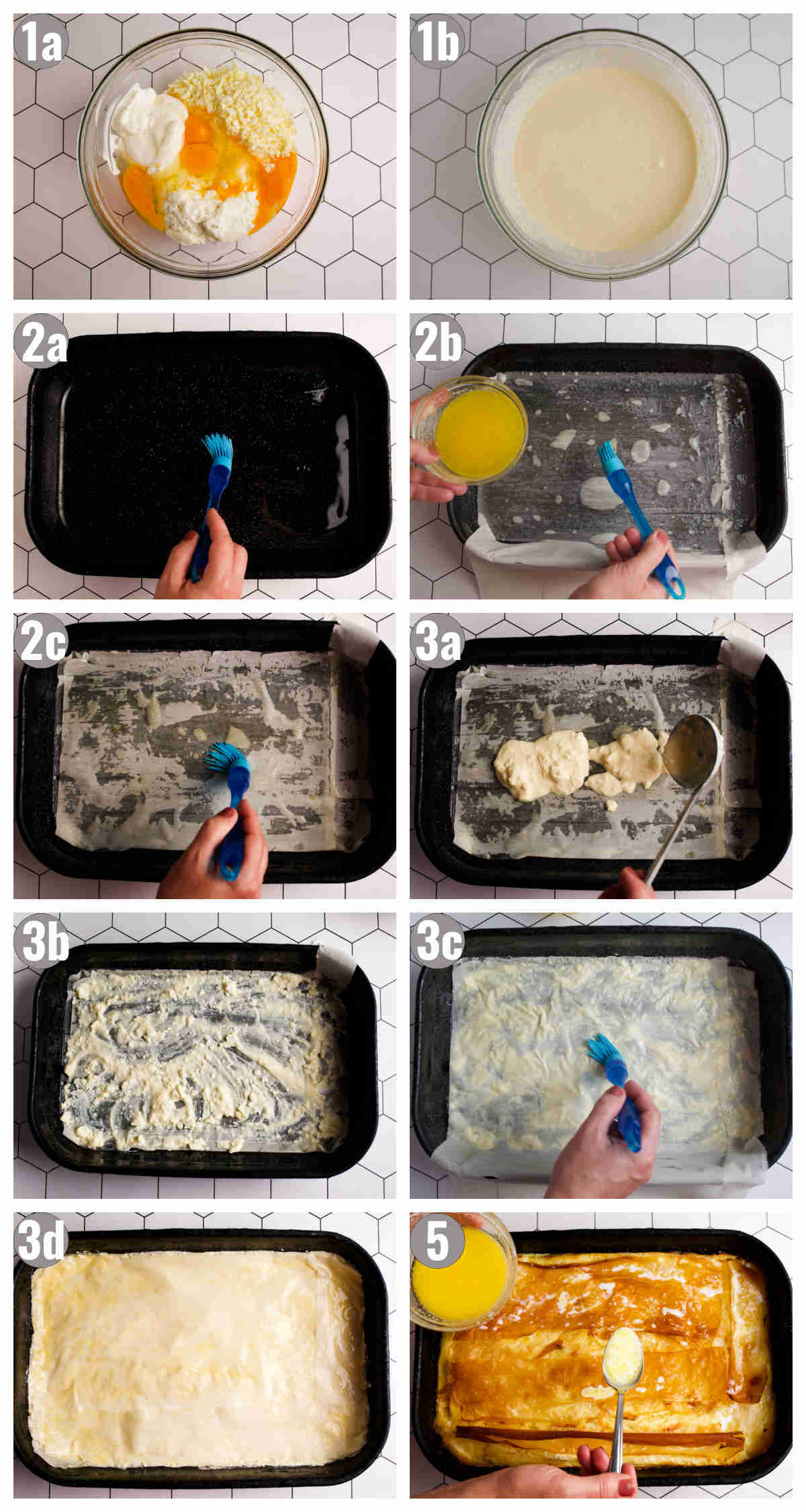 Ten prep photographs for cheese pie including stuffing and layering methods. 